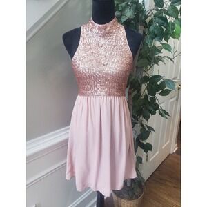 Forever 21 Women's Pink Sequin Halter Neck Sleeveless Knee Length Dress Size L